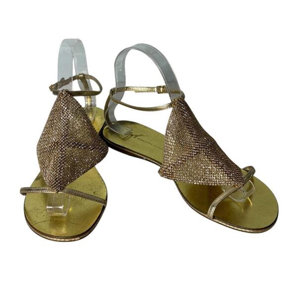 Giuseppe Zanotti Spipiott Flat Sandal Swarovski Crystal Gold Size 8.5 (38.5) - Picture 1 of 9